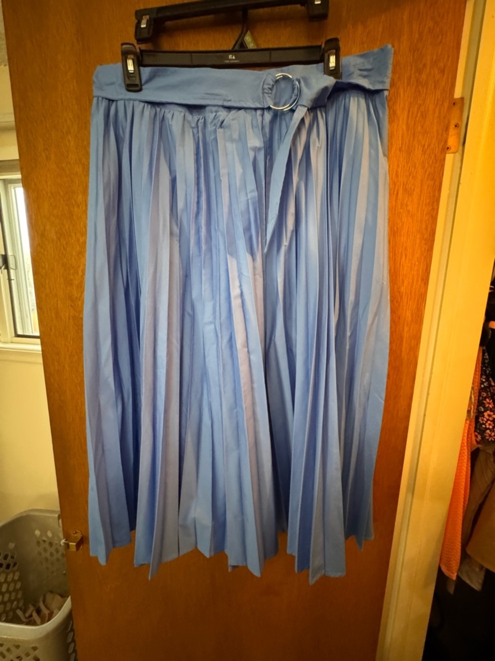 Pleated Light Blue Midi Skirt with Ring-Belt Waist